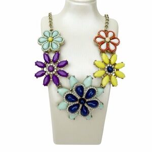 Chunky Floral Statement Necklace Beaded Gem Flower Petals Rhinestones
